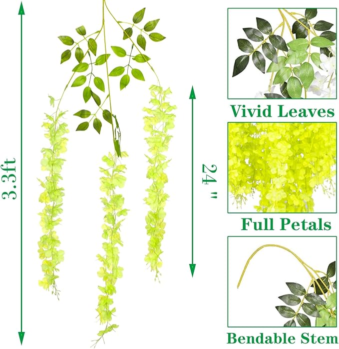 24 Pack Artificial Fake Wisteria Vine Ratta (3.75 Feet) Hanging Garland Silk Flowers String Home Party Wedding Decor (Green)