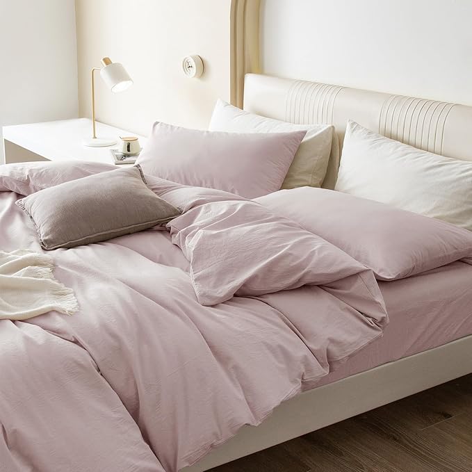 JIYUAN 100% Washed Cotton Duvet Cover Set 3 Pieces Queen, 1 Duvet Cover 90x90 Inches (Comforter Not Included) and 2 Pillowcases,Linen Feel Bedding Set Comfy and Breathable, Heathered Greyish Pink
