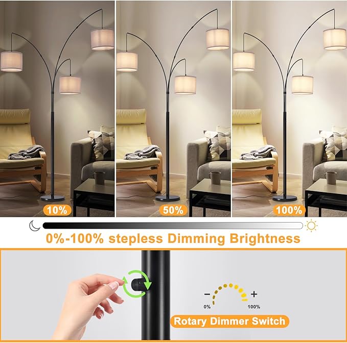DLLT Modern Floor Lamp for Room: 3-Light Black Tree Dimmable Floor Lamps with Gray Shades for Living Room - Arc Standing Lamp for Bedroom - Tall Floor Lamp for Office Corner 3 LED Bulbs Included