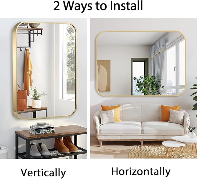 30x36 Inch Gold Bathroom Mirror, Brushed Brass Gold Metal Framed Rectangular Mirror with Rounded Corner, Bathroom Vanity Mirror for Bedroom or Living Room, Horizontal/Vertical