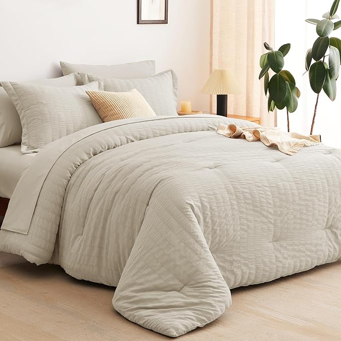CozyLux Queen Comforter Set Oatmeal Seersucker 7 Pieces Bed in a Bag Queen Comforter Set with Sheets Luxury Soft Bedding Set with Down Alternative Comforter, Sheets, Pillowcases & Shams for All Season