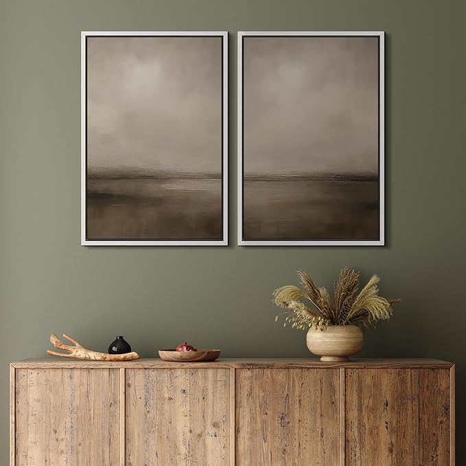MUDECOR Framed Canvas Print Wall Art Abstract Brown and Taupe Modern Minimalist Misty Landscape Illustrations Modern Art Decorative Bohemian for Living Room, Bedroom, Office - 24"x36"x2 White