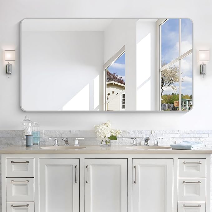 55x30 Inch Silver Bathroom Mirror, Large Rectangular Vanity Mirror, Metal Framed Rectangle Mirrors, Rounded Corner Wall Mounted Mirrors for Living Room Bedroom Entryway Horizontal or Vertical