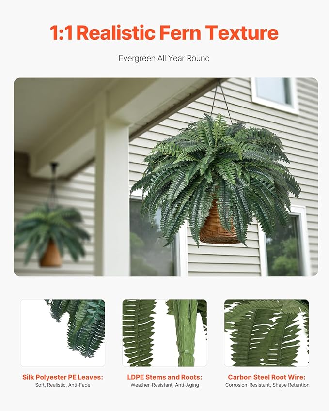 VEVOR Artificial Ferns 1Pcs, 47 Inch Artificial Boston Ferns Plants, Faux Fern with 88 Branches, Artificial Plants Large for Outdoors/Indoor Home, Office,Garden (Flowerpot Unincluded)