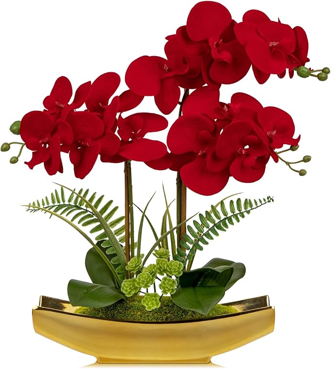 Briful Orchid Artificial Flowers 17" Silk Red Orchid Floral Arrangement with Gold Pot Real Touch Faux Orchid Plant for Home Office Room Kitchen Table Centerpiece Shelf Decor