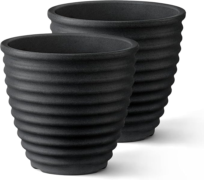 ARBORA 13" Ibiza Polyresin Indoor and Outdoor Planter with Classic Black Finish - Durable, Weatherproof, Lightweight, Large Plant Pot for Patio, Garden, Deck, Entryway - 2 Pack
