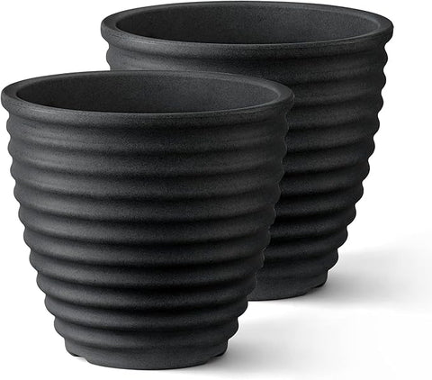 ARBORA 13" Ibiza Polyresin Indoor and Outdoor Planter with Classic Black Finish - Durable, Weatherproof, Lightweight, Large Plant Pot for Patio, Garden, Deck, Entryway - 2 Pack
