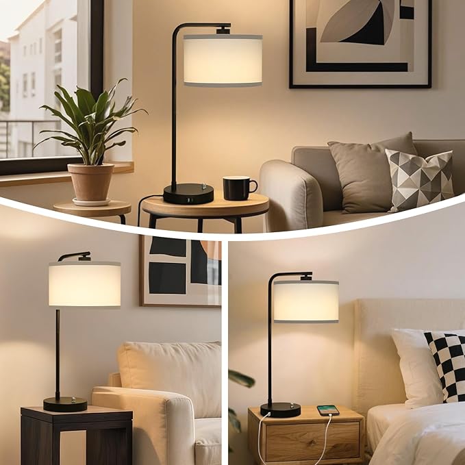 Table Lamp for Bedroom with USB C+A Ports, Fully Stepless Dimmable Farmhouse Bedside Lamp Nightstand Light, Tall Reading Desk Lamp for Living Room, Office, 9W LED Bulb Included