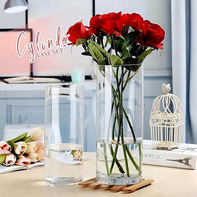 6 Pack Glass Cylinder Vases 8 Inch Tall Clear Flower Vase Bulk Glass Vases Hurricane Floating Candle Holder for Table Centerpiece Party Wedding Home Decor