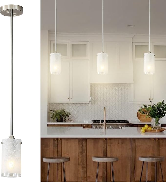 1-Light Mini Pendant Light Fixtures, Modern Chandelier Hanging Ceiling Light with White Frosted Shade, Brushed Nickel Pendant Lighting for Kitchen Bedroom Hallway, Adjustable Height, 2 Pack