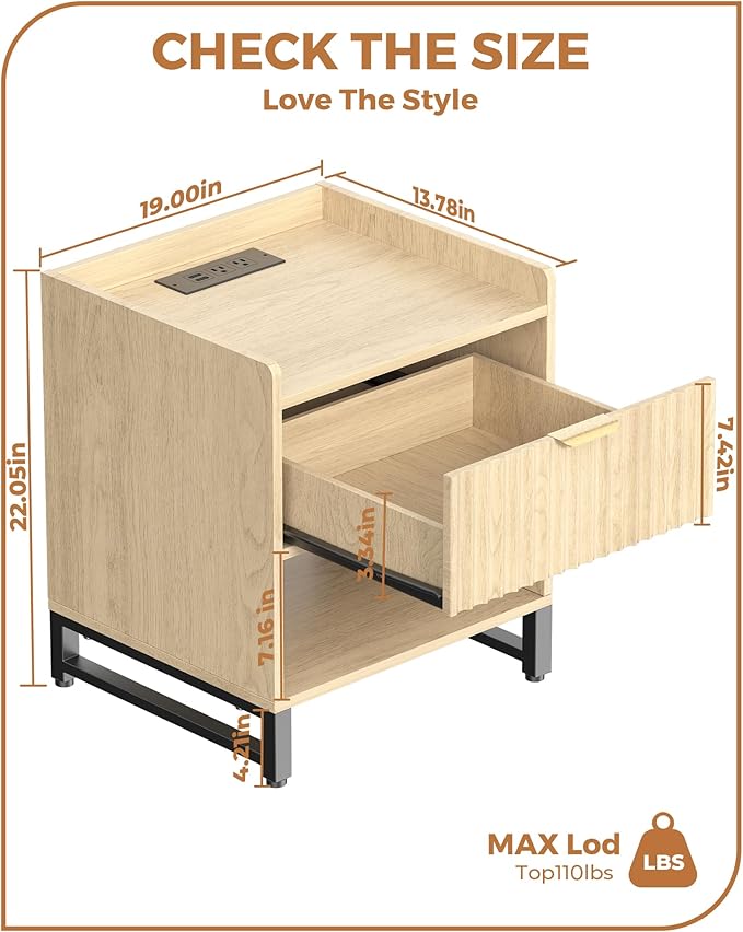 Fluted Night Stand with Charging Station, Wood Nightstand with Large Drawer and Open Storage Cabinet, Mid-Century Modern Bedside Table End Table for Bedroom Closet Office