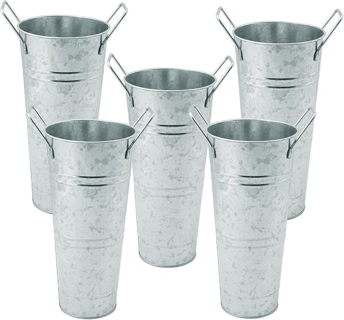 6 PCS 9 Inch Tall Galvanized Flower Bucket with Handles, Metal Vase for Cut Flowers, Country Wedding, Table Centerpiece Decorations,Vintage Style Flower Containers, by GENHAKON.