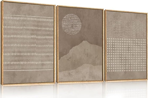 Aryroi Large Mid Century Tan and Beige Framed Canvas Wall Art,Neutral Lines Dots Wall Decor,Abstract Sunset and Mountain Artwork,Boho Textured Shapes Art Print for Living Room,Bedroom,Office-24"x36"x3