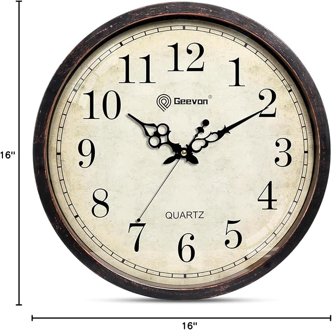 Geevon Vintage Wall Clock, Silent 16" Non Ticking Retro Round Clock Quartz Decorative Battery Operated Wall Clock for Kitchen,Office,Classroom,Bedroom,Living Room Decor