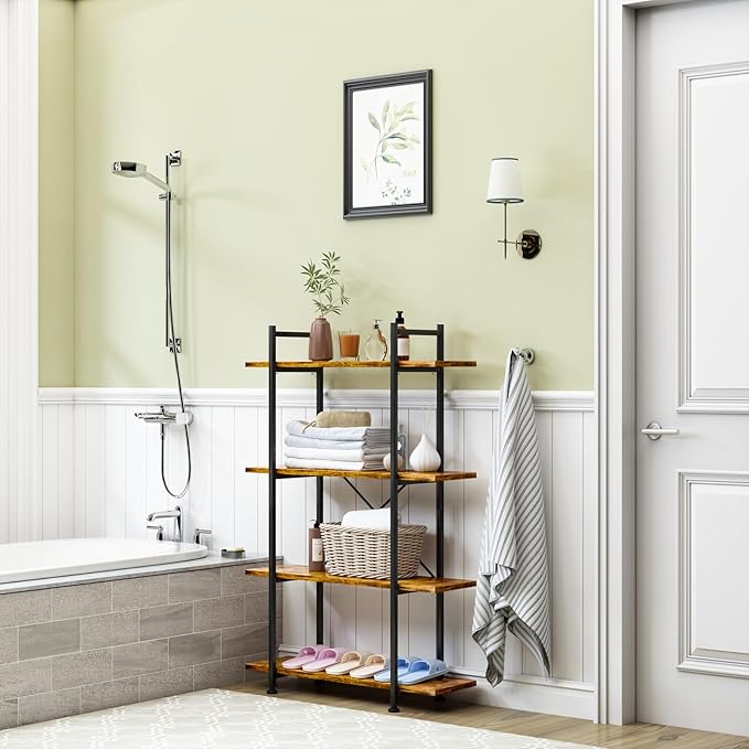 4 Tiers Bookshelf Rustic Brown Wooden Storage Shelf, Industrial Shelf Book Organizer,Modern Open Display Storage Bookcase,Metal Bookshelf Standing Tall Shelving Units for Home Office Study.