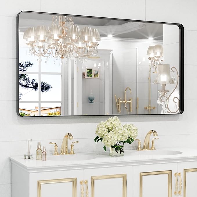 WEER Black Metal Frame Bathroom Mirror, 55x30 Inch Black Bathroom Vanity Mirror for Over Sink Wall, Rounded Rectangle Matte Black Mirror, Anti-Rust, Tempered Glass, Hangs Horizontally or Vertically