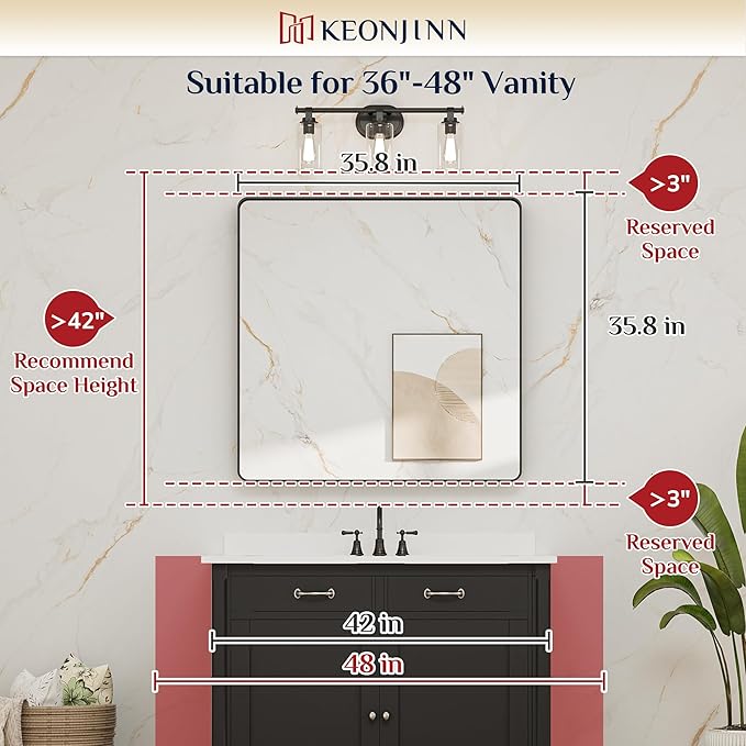 Keonjinn Brushed Nickel Wall Mirror, 36 x 36 Inch Large Square Silver Bathroom Mirrors for Over Sink, Rounded Rectangle Farmhouse Vanity Mirror, HD Tempered Glass Modern Mirror(Horizontal/Vertical)