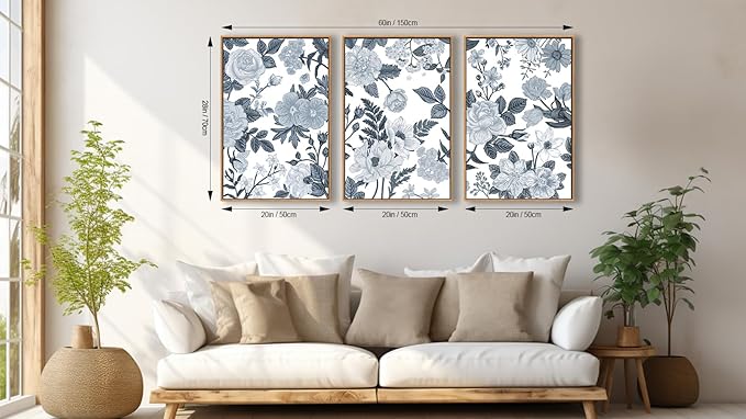 Large Framed Canvas Wall Art - Natural Float Framed Rustic Grey White Flowers Pictures Decor Gray Blue Leaves Artwork Prints for Bedroom Living Room Kitchen Home Office Decoration 60" X 28" Set of 3