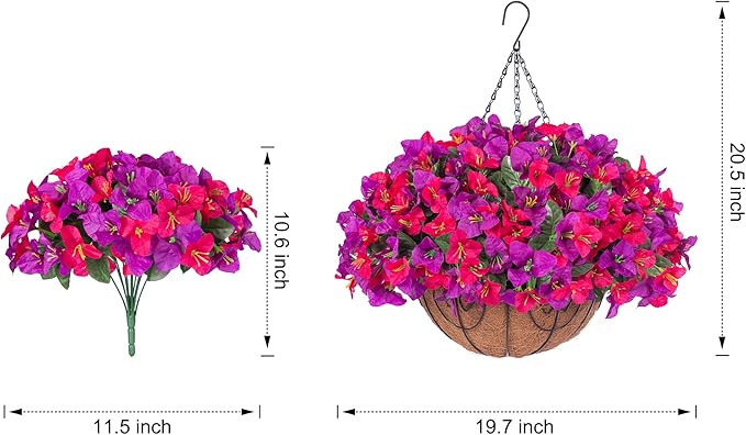 Artificial Hanging Flowers Plant with Basket for Outdoors, Fake Hanging Plants Silk Bougainvillea in Planter Look Real UV Resistant Faux Flower for Outside Porch Patio Garden Home Decor, PurpleHotpink