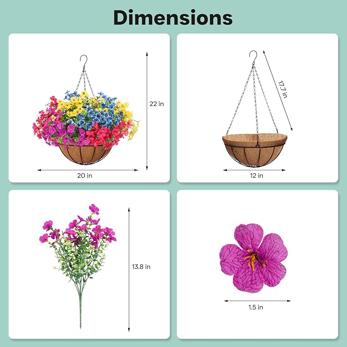 2 Set Outdoor Artificial Hanging Baskets, UV Resistant Faux Fake Hanging Flowers Plants Planters for Spring Summer Front Porch Patio Yard Garden Home Decor (Purple, Yellow, Hot Pink, Blue)