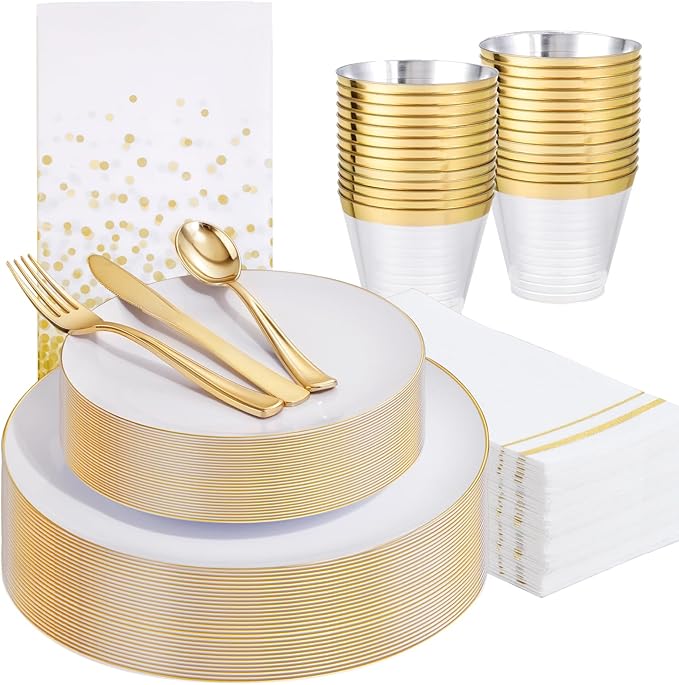 Festiva 176Pcs White and Gold Plastic Plates - White with Gold Rim Dinnerware Set - 25Guest include Plates Cups Cutlery Napkins forThanksgiving Party&Wedding& New Year