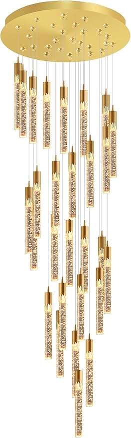 Flashing God Gold 28 Lights Large Foyer Chandeliers for High Ceilings 12 feet Long Spiral Stair Pendant Chandelier Crystal Ceiling Light Fixtures Dimmable 2700k-4500k-6000k