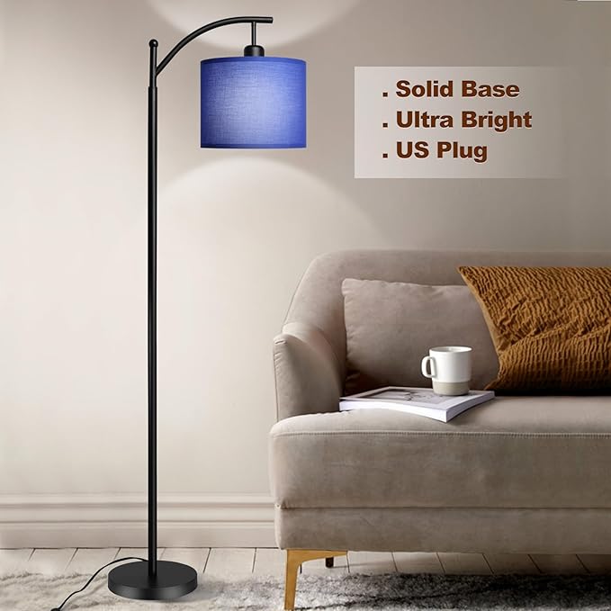DLLT Arc Floor Lamp with 3 Color Temperatures, Standing Lamp with Linen Shade, Modern Tall Lamp for Living Room, Reading Floor Lights for Bedroom, 8W LED Bulb Included, Black with Blue Lampshade