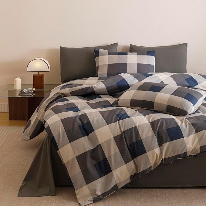 CLOTHKNOW Plaid Comforter Set King Gingham Buffalo Bedding Comforter Sets Blue Grey Khaki Brown Beige Geometric Comforter King Sets with 2 x Pillow Cases