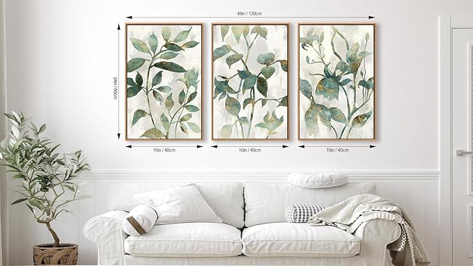 Large Framed Canvas Wall Art - Natural Float Framed Rustic Green Flowers Leaves Pictures Paintings White Grey Artwork Decor for Bedroom Living Room Kitchen Home Office Decoration 48" X 24" Set of 3