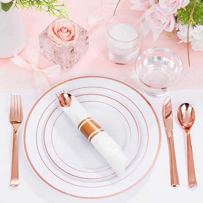 DaYammi 350PCS Rose Gold Plastic Dinnerware Set for 50 Guests, Plastic Plates for Party Include: 50 Dinner Plates, 50 Dessert plates,50 Pre Rolled Napkins with Rose Gold Silverware,50 Cups for Wedding