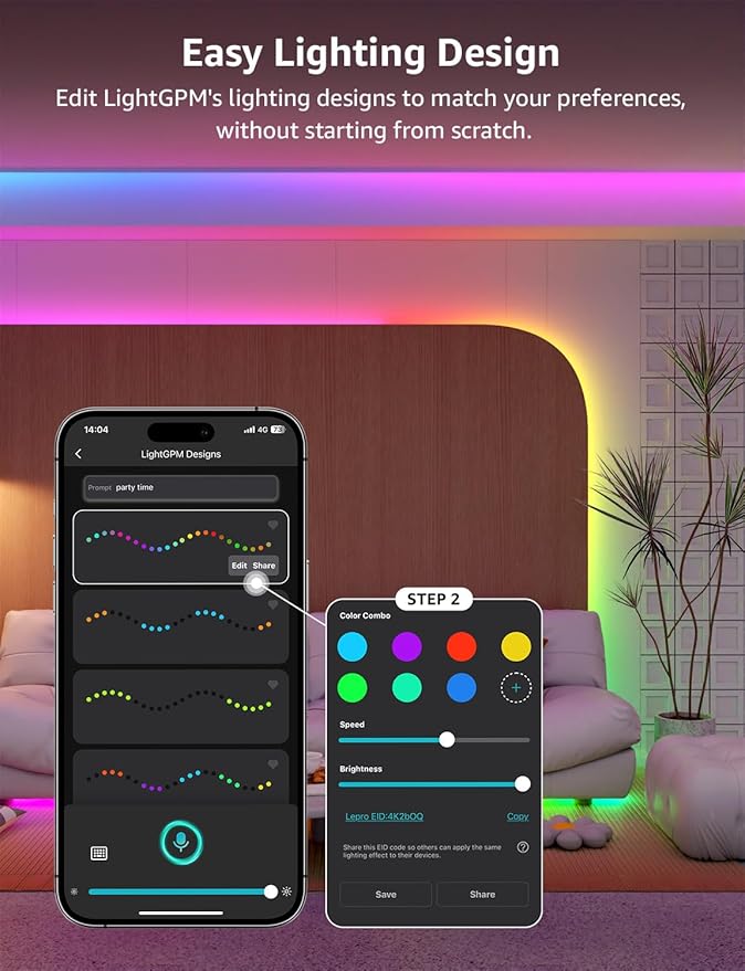 Lepro S1 AI LED Strip Lights for Bedroom - 50ft Smart RGB Light Strips with IC and Rainbow Chasing Effects, Color Segment DIY, AI Generated Lighting, No Remote, 2.4G Wi-Fi & Bluetooth