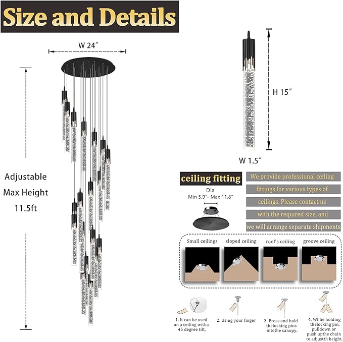 Flashing God Black 20 Lights High Ceiling Chandelier Modern Dimmable Light Fixtures Foyer Chandeliers Pendant Lighting Crystal Ceiling Chandelier Fixtures for Villa Staircase Hallway 11.5feet Long