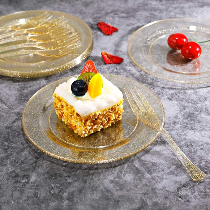 WELLIFE 120 Guests Gold Glitter Plastic Plates and Dessert Forks, 6.5 inch Disposable Dessert Plates, Durable Plastic Small Forks, Perfect for Catering, Parties &Weddings, regular