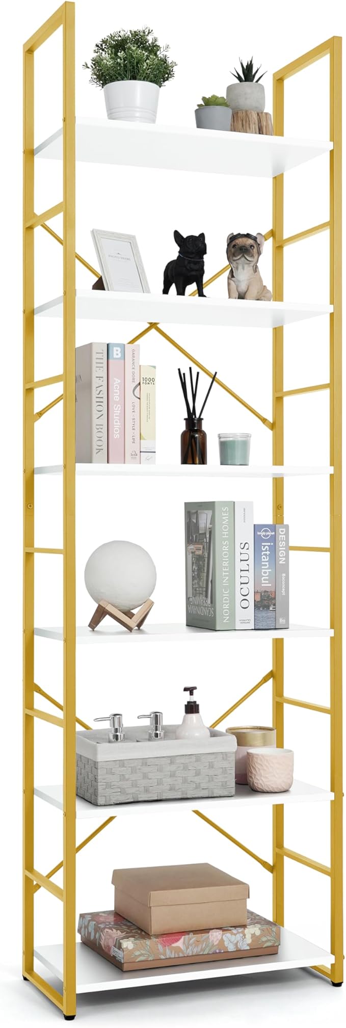 CAPHAUS 6 Tier Bookshelf, 24 Inch Width Free Standing Shelf, Bookcase Shelf Storage Organizer, Industrial Book Shelves for Home Office, Living Room, Kitchen, White Wooden Shelves & Gold Frame