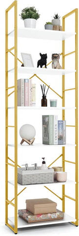 CAPHAUS 6 Tier Bookshelf, 24 Inch Width Free Standing Shelf, Bookcase Shelf Storage Organizer, Industrial Book Shelves for Home Office, Living Room, Kitchen, White Wooden Shelves & Gold Frame
