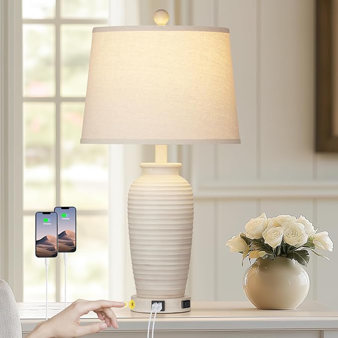 25" Farmhouse Jar Table Lamps, 3 Way Touch Control Rustic Bedside Lamps with USB A+C Ports & AC Outlet, Pot Nightstand Lamps for Bedroom Living Room (LED Bulbs Included)