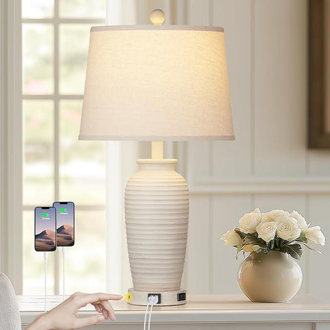 25" Farmhouse Jar Table Lamps, 3 Way Touch Control Rustic Bedside Lamps with USB A+C Ports & AC Outlet, Pot Nightstand Lamps for Bedroom Living Room (LED Bulbs Included)
