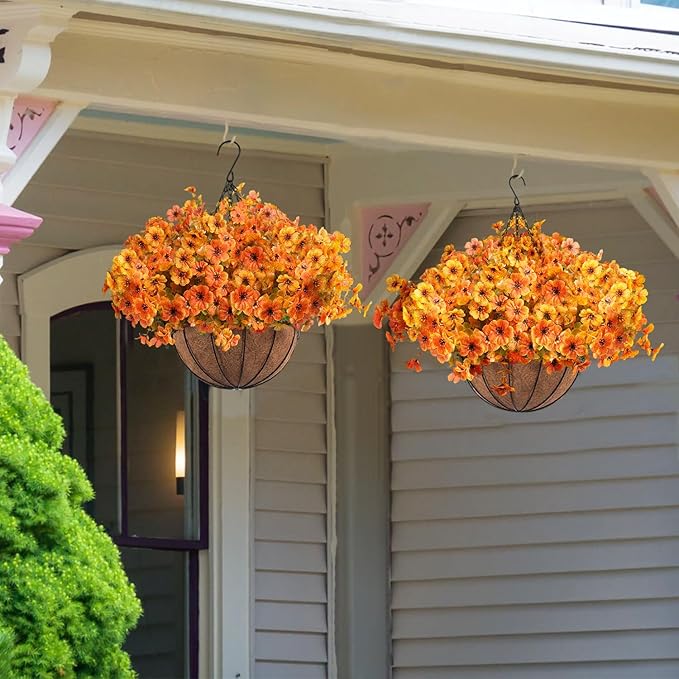 Orgrimmar 2 Pack Artificial Hanging Flowers Basket Outdoor Fake Hanging Plants UV Resistant Realistic Silk Flowers Eucalyptus in Coconut Lining Baskets for Home Porch Balcony Patio Yard Orange