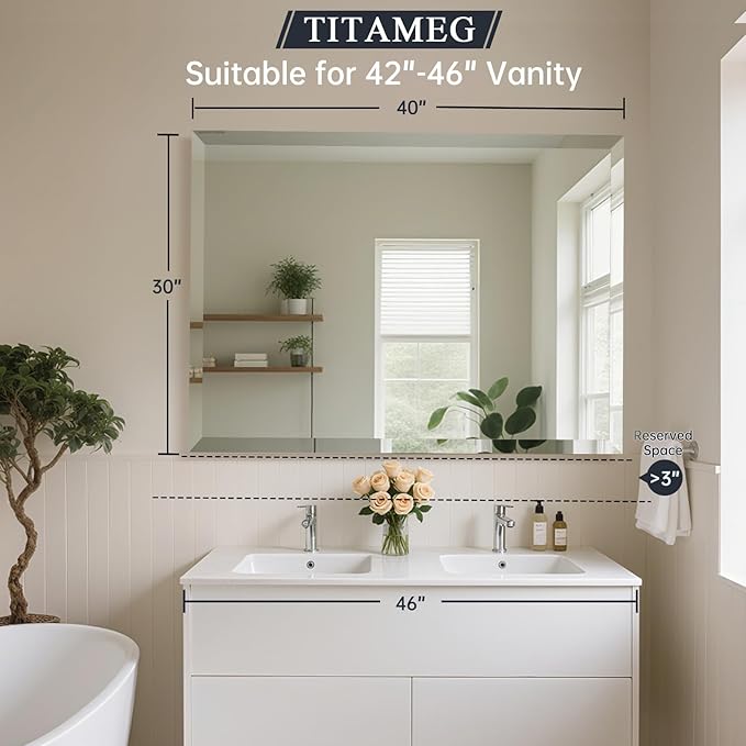 30x40 Inch Frameless Wall Mirror with 1" Beveled Edge, Frameless Rectangle Mirror for Bathroom, Vanity, Living Room