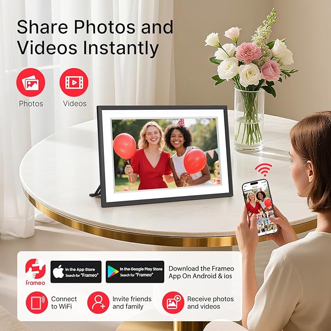 Frameo 10.1" Digital Picture Frame, Smart WiFi Digital Photo Frame with 1280x800 HD IPS Touch Screen 32GB Memory Auto-Rotate Wall Mounted, Share Photos/Videos from Phone Anywhere(Black&White)