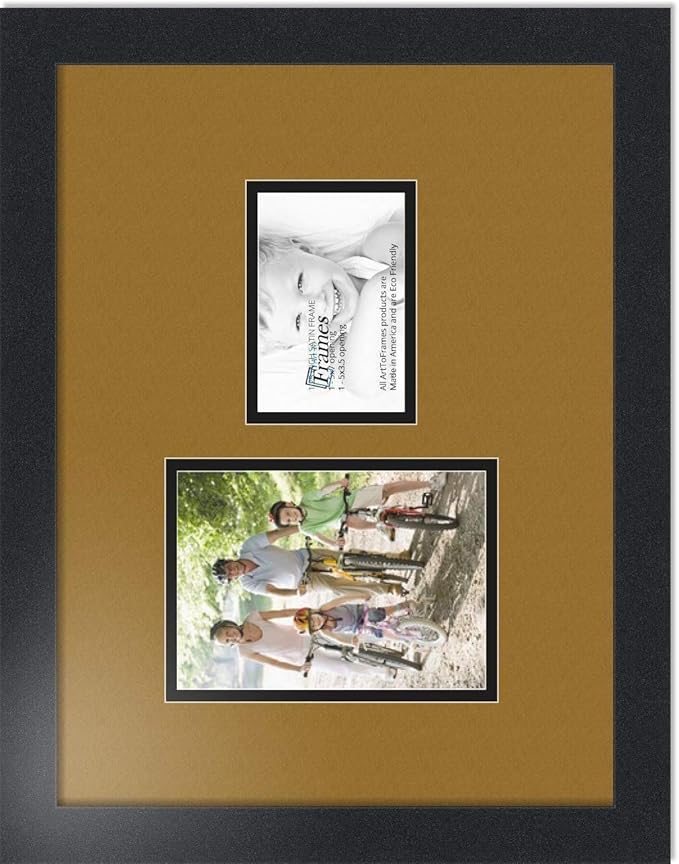 ArtToFrames Collage Photo Frame Double Mat with 1-3.5x5, 5x7 Openings with Satin Black Frame and El Dorado mat.
