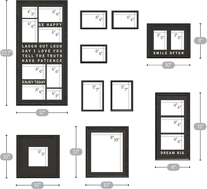 J.M.Deco 10 Pack Collage Picture Frames Set for Wall Decor 20 Slots, Multi Picture Frames Decor with with Glass Cover & Slogan for Living Room, Bedroom, DIY Wall Display, Black