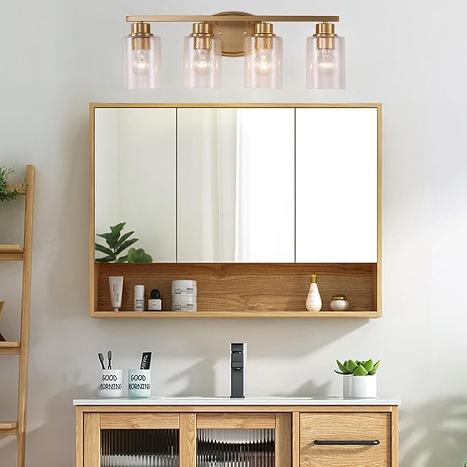 Modern Brushed Gold Bathroom Vanity Light Fixtures Over Mirror, 4 Light Rectangular Wall Mount with Clear Seeded Glass, Anti-Rust, 24.02 x 11.61 x 8.07 inches