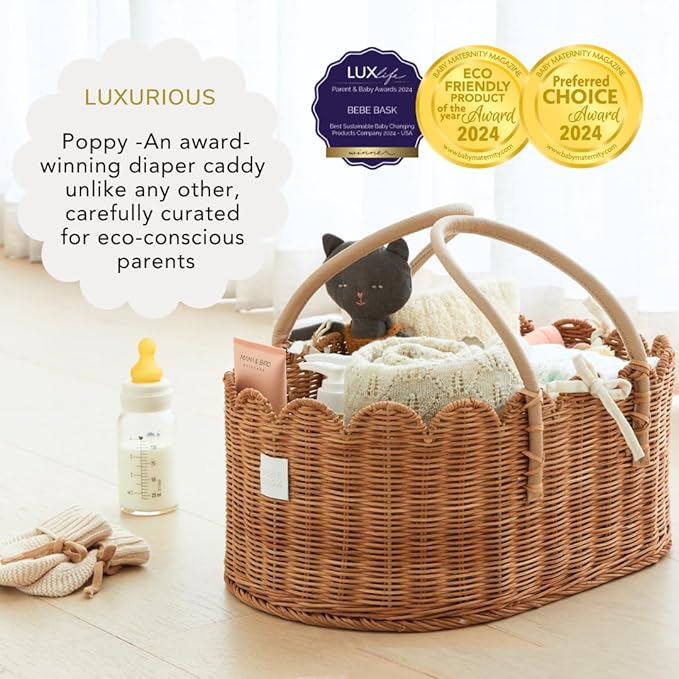 BEBE BASK Premium Baby Diaper Caddy Organizer - Handmade & Award-Winning Scalloped Rattan Basket - Luxury Diaper Caddy Basket - Elegant Scalloped Edge (Mocca)