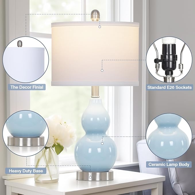 Double Gourd Ceramic Table Lamps Set of 2, Modern Blue Bedside Lamps for Night Stand, Contemporary Nightstand Lamps for Bedroom Living Room (Bulb Included)
