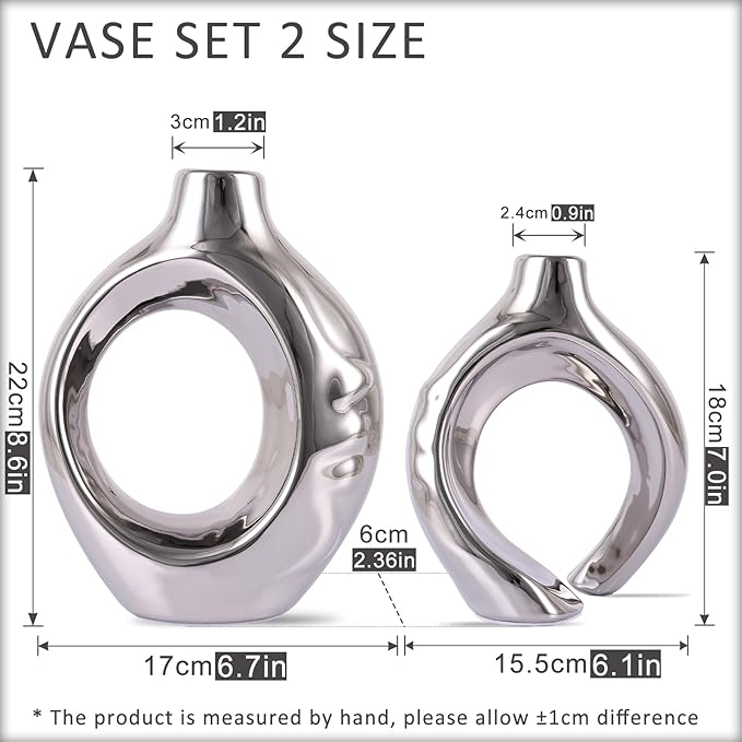Silver Home Decor Ceramic Vase, Round Vase with Holes Set of 2, Suitable for Wedding Entrance Decoration, Bookshelf, Mantel, Unique Home Decor (Silver)