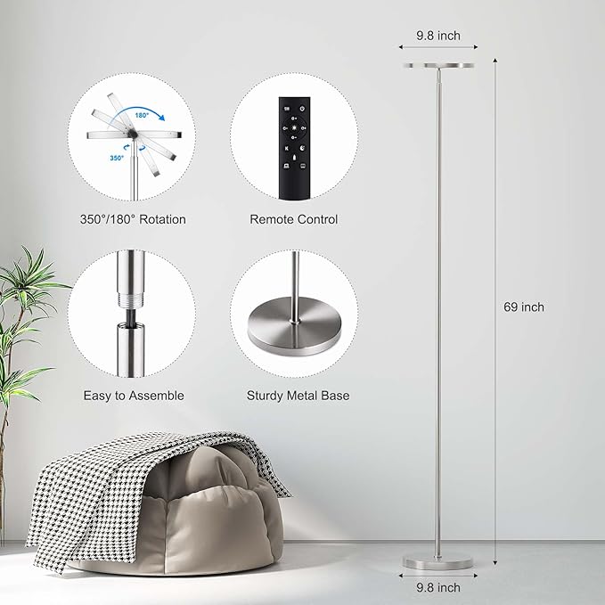 SUNMORY Floor Lamps for Living Room, 32W/3000LM Super Bright LED Floor Lamp with Remote Control, 69" Tall Standing Lamp with Stepless Dimmable, Modern Torchiere Corner Lamp for Bedroom, Office Nickel