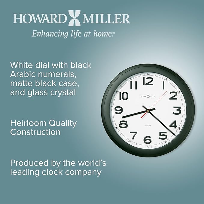 Howard Miller Norcross Wall Clock – Quartz Timepiece with Auto Daylight Savings Quiet Ticking Modern & Classic Home Office Kitchen Clock with Large Black Numerals & Glass Crystal Dial