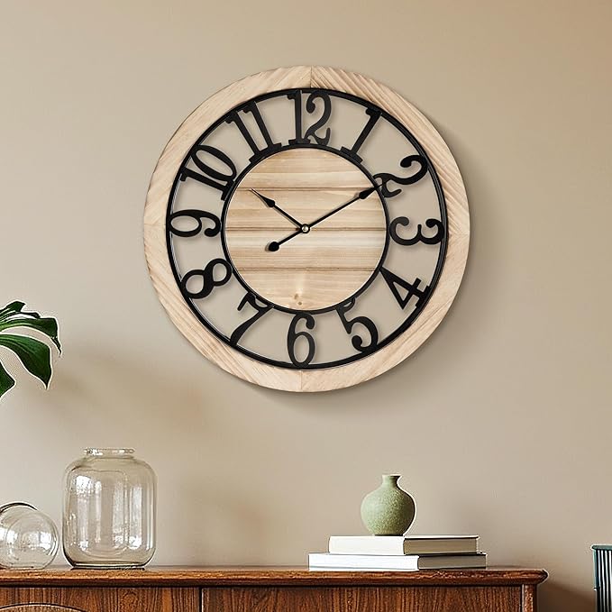 Maxstar 16'' Wall Clock for Living Room Decor, Ultra-Silent Rustic Wooden Farmhouse Wall Clock with Metal & Real Wood Frame, Battery Operated, for Kitchen Bedroom Office, Arabic Numerals