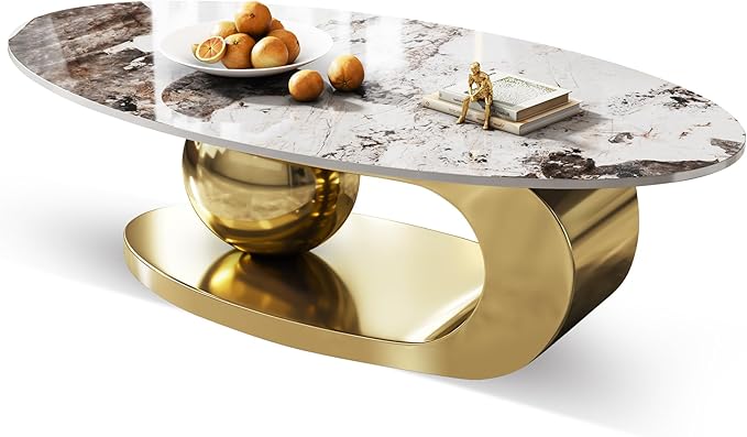 Modern Oval Marble Coffee Table, 51.2" Gold Coffee Table with Sintered Stone Top & Geometric Stainless Steel Base, Luxury Oval Tea Center Tables for Living Room